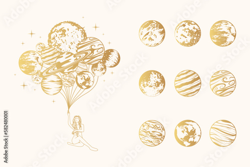 Golden celestial girl holding a bunch of balloons-planets and nine mystical planets. Hand drawn isolated  set of space design elements for print, poster and greeting card.
