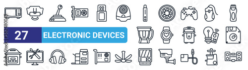 set of 27 thin line electronic devices icons such as convection oven, smoke detector, joystick, turbine, smartwatch, operating system, lisa, stereo vector icons for mobile app, web design.