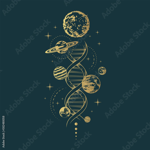 Golden celestial space composition with planets, stars and dna. Mystical hand drawn vector illustration isolated on black background for greeting card and poster.