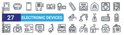 set of 27 thin line electronic devices icons such as mourap, activity tracker, mobile phone, furnace, laser hine, camera, fax hine, answering hine vector icons for mobile app, web design.