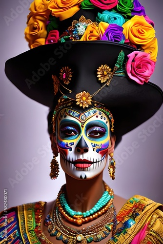 Beautiful Catrina for the day of the dead with flowers. Garbancera mexican skull. Catrin. Dia de los muertos. Ai generative