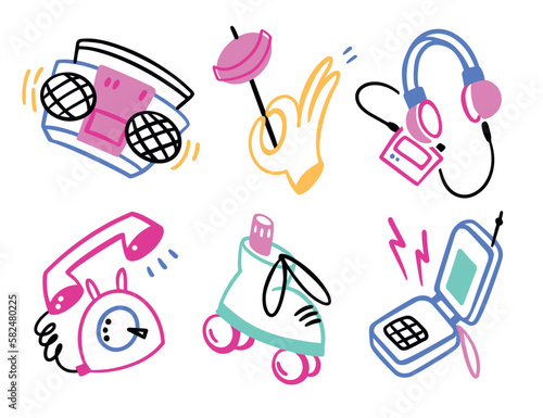 Set of retro pictures or icons in retro style. Simple vector doodles isolated on white background. Tape recorder, telephone, headphones, cassette player, rollers, hand with chupachups.