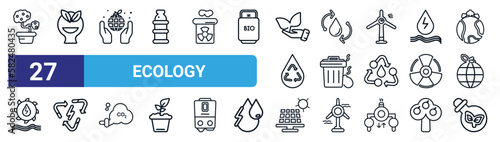 set of 27 thin line ecology icons such as bonsai, think eco, save the world, water cycle, waste, renewable, solar panels, greenhouse effect vector icons for mobile app, web design.