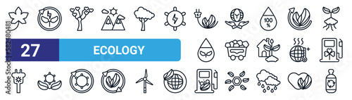 set of 27 thin line ecology icons such as m leaf, eco energy, tree of love, save the earth, coal, ecological energy source, bio fuel, recycled bottle vector icons for mobile app, web design.