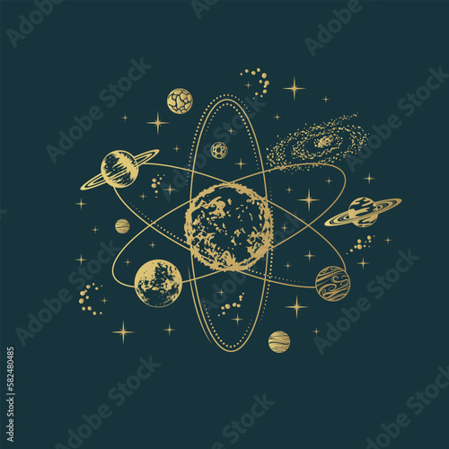 Golden celestial planets, solar system, galaxy and stars. Hand drawn mystical vector illustration isolated on black background for poster, card, t-shirt design.