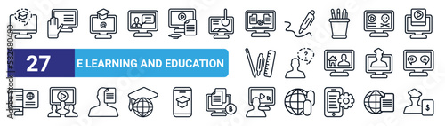 set of 27 thin line e learning and education icons such as e learning, raise hand, elearning, fountain pen, ask, online course, tutorial, business education vector icons for mobile app, web design.