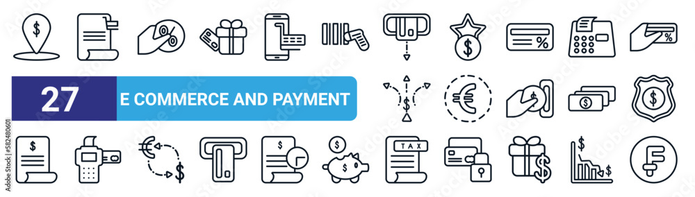 set of 27 thin line e commerce and payment icons such as map pointer ...