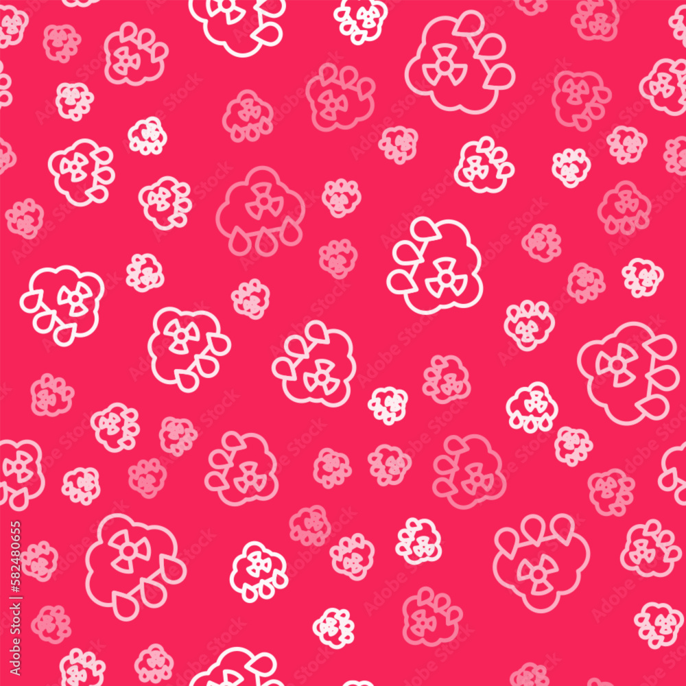 White line Acid rain and radioactive cloud icon isolated seamless pattern on red background. Effects of toxic air pollution on the environment. Vector White line Acid rain and radioactive cloud icon isolated seamless pattern on red background. Effects of toxic air pollution on the environment. Vector