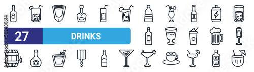 set of 27 thin line drinks icons such as malibu, lemon juice, white russian drink, tropical itch, mind eraser drink, armagnac, martinez, planter's punch vector icons for mobile app, web design.