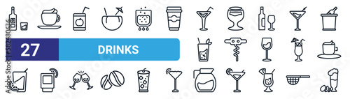 set of 27 thin line drinks icons such as liquor, cappuccino, juice, brandy glass, sorkscrew, lime rickey drink, water jug, ham vector icons for mobile app, web design.