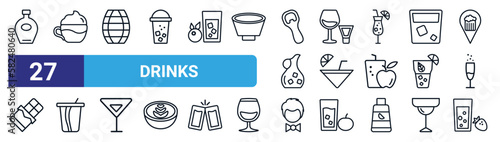 set of 27 thin line drinks icons such as cognac, frappe, cask, alcoholic drink, flirtini, , bartender, smoothie vector icons for mobile app, web design.