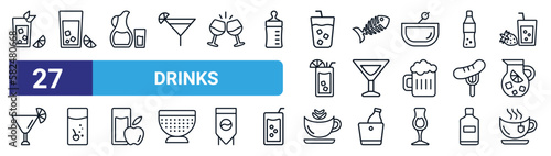 set of 27 thin line drinks icons such as mojito, lemon juice, water jug, fish skeleton, manhattan drink, tom collins, cappuccino, tea vector icons for mobile app, web design.