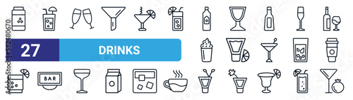 set of 27 thin line drinks icons such as soda can, planter's punch, wine toast, sidecar drink, pisco sour, bar, irish sour, pomegranate martini vector icons for mobile app, web design.