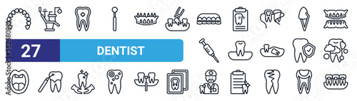 set of 27 thin line dentist icons such as lingual braces, dentist chair, dental, health report, occlusal, scraping, dentist, dental brackets vector icons for mobile app, web design.