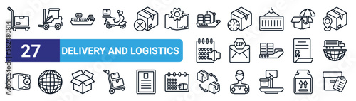 set of 27 thin line delivery and logistics icons such as delivery cart, forklift, shipping, delivery delay, zip code, earth grid, moving, list vector icons for mobile app, web design.