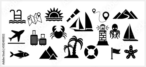 Doodle travel set clipart isolated. Hand drawn stencil art. Vector stock iillustration. EPS 10