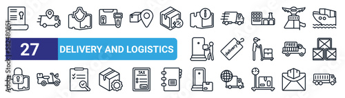 set of 27 thin line delivery and logistics icons such as charter, delivery by car, delivery shield, express tag, motorbike, to the door, transportation vector icons for mobile app, web design.