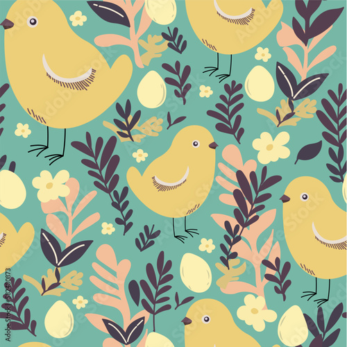 Hand drawn vector pattern with yellow chickens, eggs, twigs, flowers in pastel colors. Decorated in a cute cartoon style.