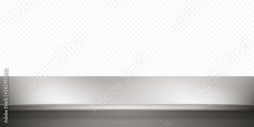 Metal kitchen tabletop isolated on transparent background. Steel table or countertop. Realistic vector illustration