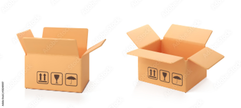 Fototapeta premium Two 3D cardboard open box isolated on white background. Delivery cargo box. Cartoon style cardboard box or delivery package. 3d realistic vector