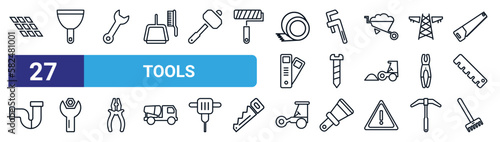 set of 27 thin line tools icons such as roof, putty knife, garage wrench, stillson wrench, screw, wrench and nut, road roller, gardening rake vector icons for mobile app, web design.