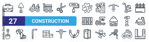 set of 27 thin line construction icons such as tool bag, construction palette, tow truck, big derrick with boxes, truck with crane, man painting, doors open, angle ruler vector icons for mobile app,