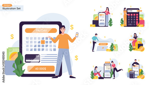 Payment date or payday illustration collection set. Paycheck happy day, employees rejoice, calendar date, loans repayment and debts. People study the financial report, audit