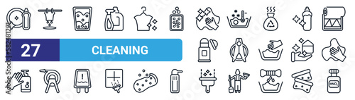 set of 27 thin line cleaning icons such as washing dishes, soak, emulsion, cold water, clothes peg, garden hose, wiper, oxidizing agent vector icons for mobile app, web design.
