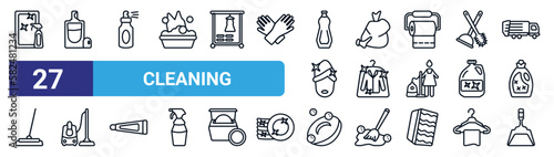 set of 27 thin line cleaning icons such as glass cleaning, perfume cleanin, wiping sprayer, garbage, dry, vacuum cleanin, soap, dustpan vector icons for mobile app, web design.