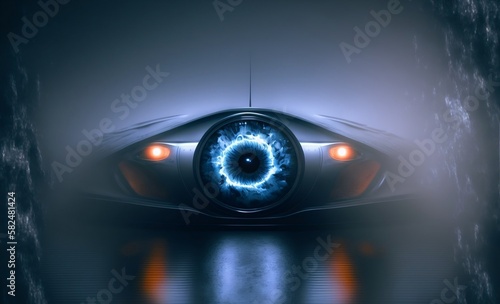 Eye of the world. Futuristic eye and car engine. Desktop background. AI generated. 