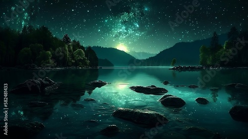 Starry night lake side illustration. Sunset in a dystopian world at dusk. Calming desktop background.  AI generated.