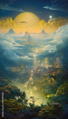 Stunning landscape of mythical forest and city in the clouds. Dystopian world. Generated by AI. 