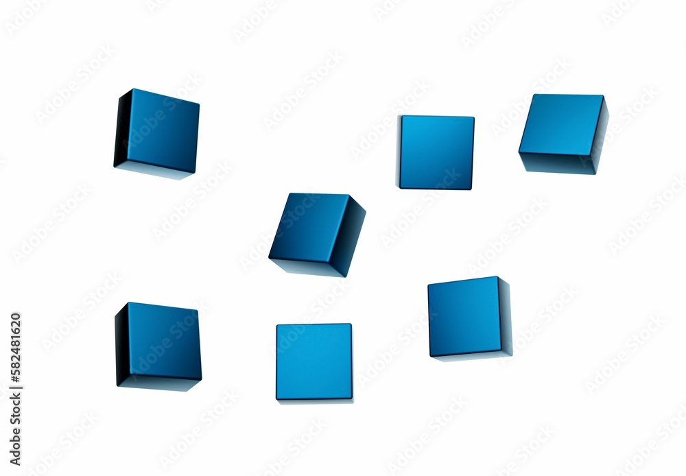 3D rendering of floating blue shiny cubes on white background. 3D rendering of floating blue shiny cubes on white background.
