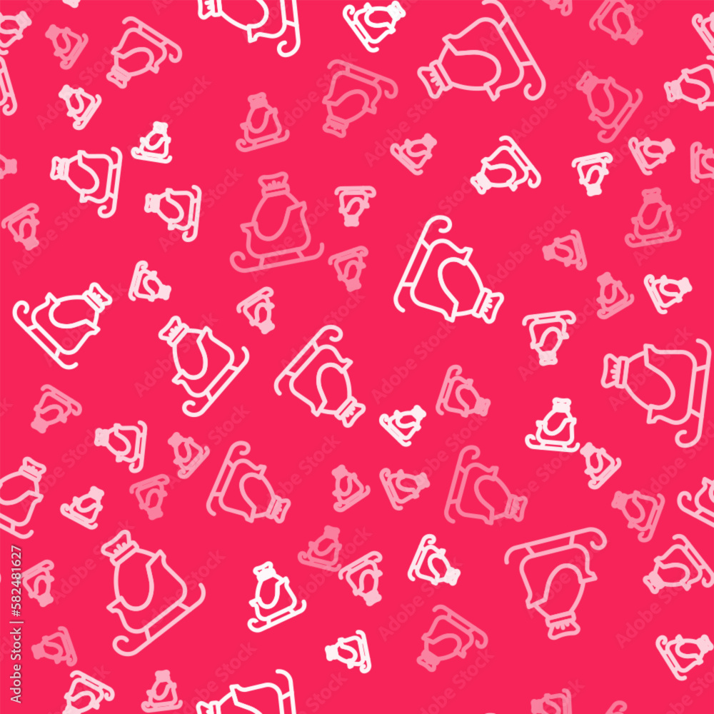 White line Christmas santa claus sleigh with sack bag icon isolated seamless pattern on red background. Merry Christmas and Happy New Year. Vector White line Christmas santa claus sleigh with sack bag icon isolated seamless pattern on red background. Merry Christmas and Happy New Year. Vector