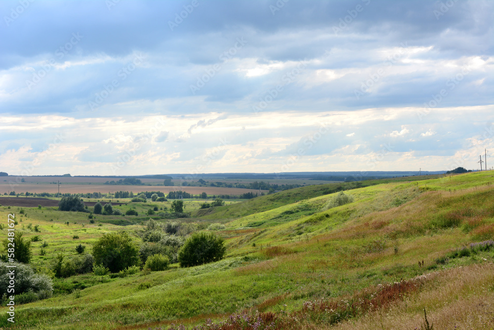 A grassy rolling hill with a cloudy and rainy sky in the background