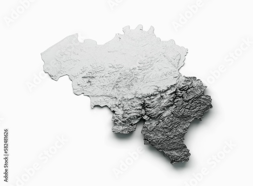 3d rendering of Belgium map with gray shaded relief isolated on white background.