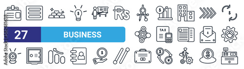 set of 27 thin line business icons such as journalist id card, basic burger, stack of gold, deficit, tax calculate, big safe, rectangular briefcase, cashbox vector icons for mobile app, web design.