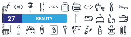 set of 27 thin line beauty icons such as hair scissors, fitness, inclined comb, woman lips, little makeup box, face cleanser, hair dryer, liquid makeup vector icons for mobile app, web design.