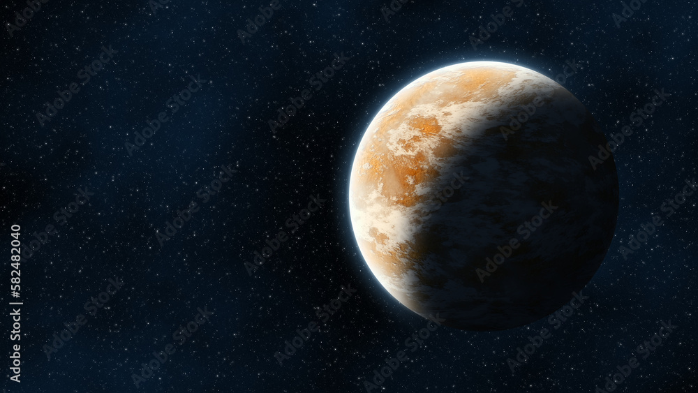 Fototapeta premium View of a planet in red tones standing out against the darkness of space. Fantasy and science fiction scene. 3D Rendering