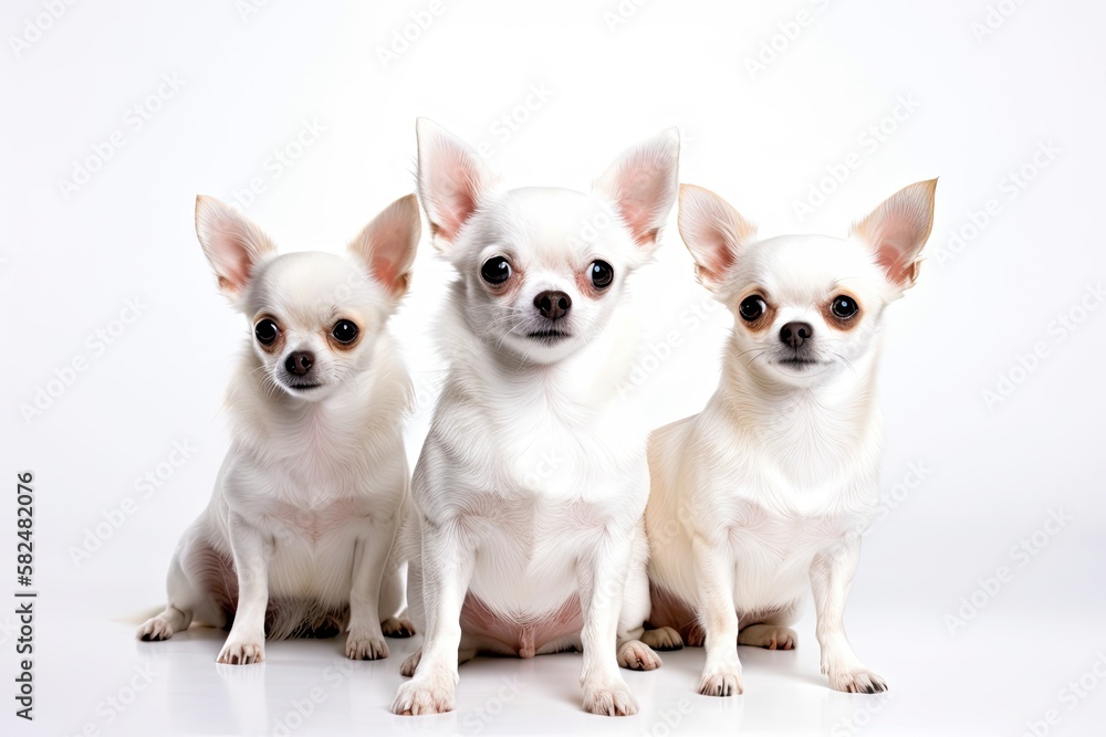 Chihuahuas are reclining on a white background. Generative AI