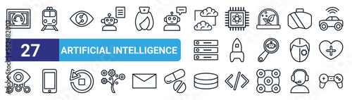 set of 27 thin line artificial intelligence icons such as personal assistant, train, smart lens, quantum computing, rocket, smartphone, database, gaming vector icons for mobile app, web design.