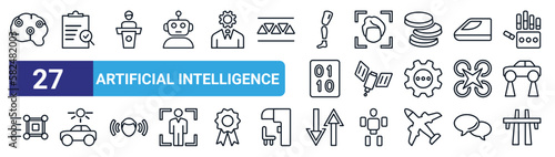 set of 27 thin line artificial intelligence icons such as future brain, evaluation, speech, face recognition, outer space, solar energy car, data transfer, motorway vector icons for mobile app, web