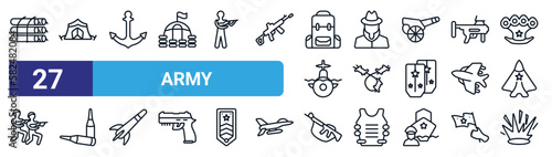 set of 27 thin line army icons such as dynamite, militar tent, anchor, secret agent, barbed wire, two bullets, rifle, explosion vector icons for mobile app, web design.