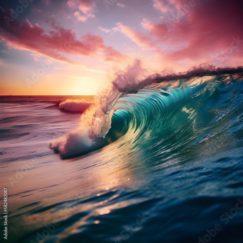 Ocean surface with waves. Sunset and clouds on background.