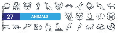 set of 27 thin line animals icons such as echidna, bedbug, philippine tarsier, humming bird, lynx, snow leopard, raven, flying dove vector icons for mobile app, web design.