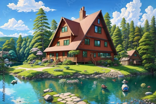 Anime-style house in nature landscape [AI Generated]