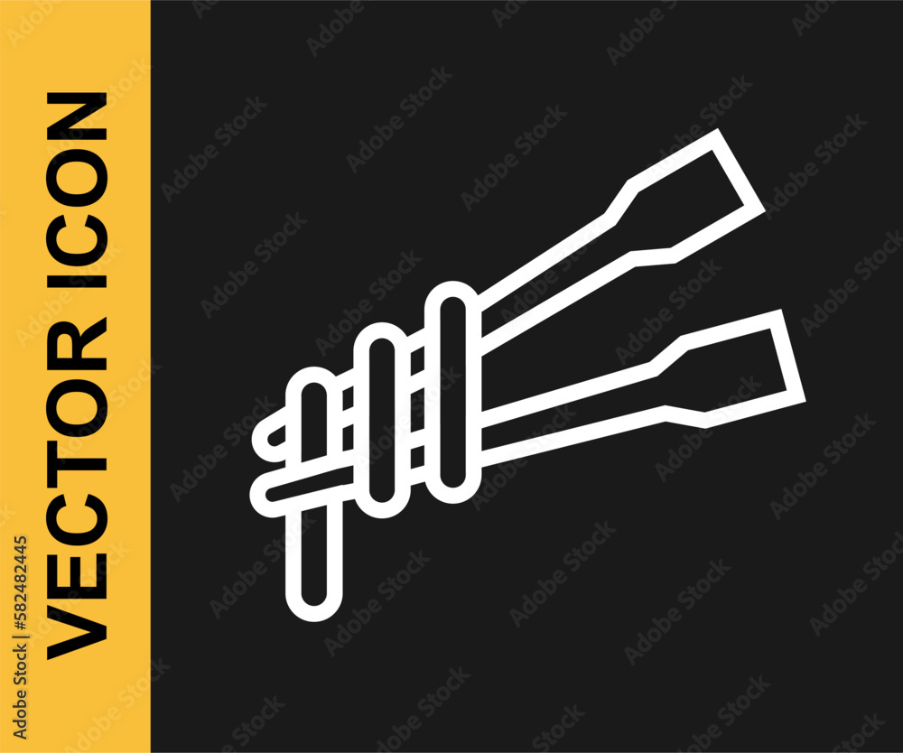 Fototapeta premium White line Food chopsticks with noodles icon isolated on black background. Wooden Korean sticks for Asian dishes. Oriental utensils. Vector