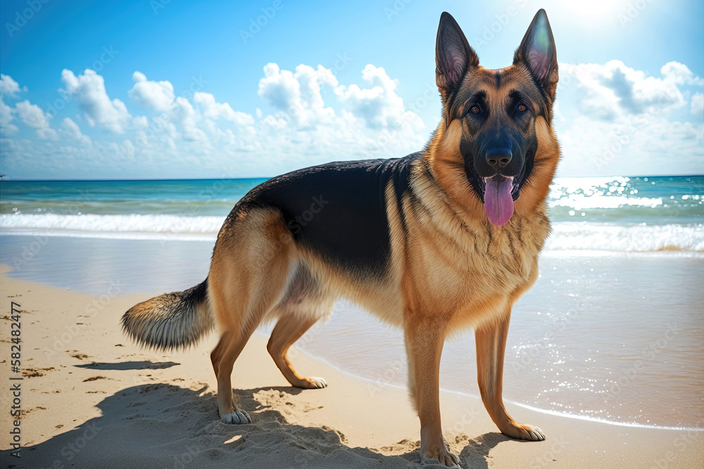 german shepherd dog on the beach - sea, beach, background, sunny, generative ai german shepherd dog on the beach - sea, beach, background, sunny, generative ai