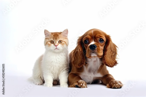 a dog and a cat together. isolated against a white backdrop. Generative AI © AkuAku