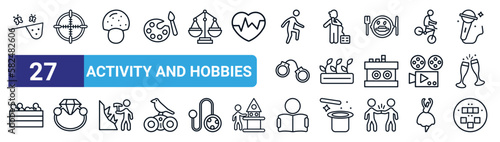 set of 27 thin line activity and hobbies icons such as butterfly catcher, hunting, mushrooming, beatboxing, hydroponics, jewelry making, boy reading, pachinko vector icons for mobile app, web